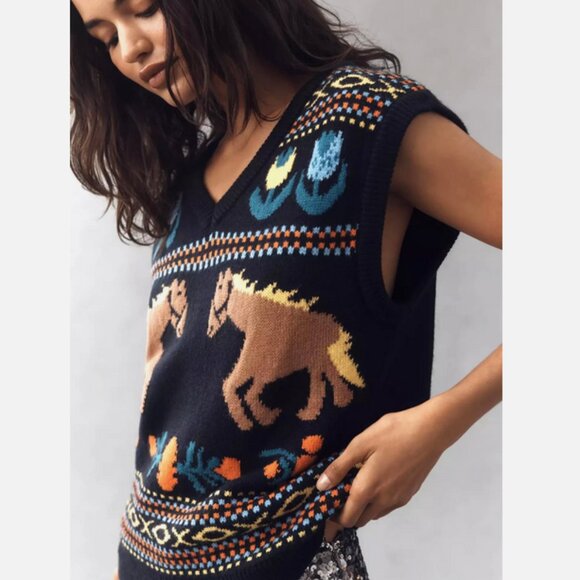 Anthropologie Horse Icon Sweater Vest Equestrian Western English Factory S NWT - Picture 5 of 5